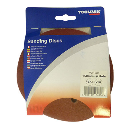 Sanding Disc 150mm 120 Grit 6 Hole Pack of 10 Toolpak 